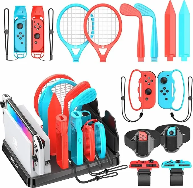 Accesorios para Nintendo Switch, incluyendo estuche, controlador Pro, tarjeta MicroSD, auriculares y más, ideales para mejorar la experiencia de juego